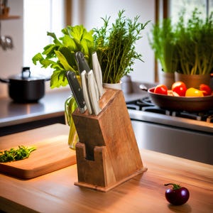Wooden Knife Stand for Kitchen with 6 Knife Slot, 1 Scissor Slot - Large Knife Holder for Kitchen - Luxury Knife Holder Stand