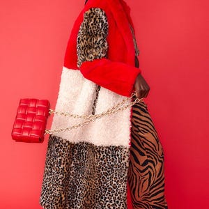 Maxi Coat, Faux Fur, Leopard Print , Patchwork, Unisex, Fashion, Winter Collection,  Faux shearling,  Leopard Print, Red, Blue