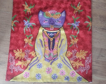 猫のパレード刺繍入りクッションカバー、猫好きへのギフト、シルク刺繍