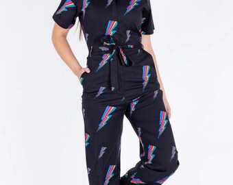 Black, Rainbow, Lighting, Jumpsuit, David Bowie, Casual Wear, Boilersuit, Run and Fly, Plus Size, Ziggy Print