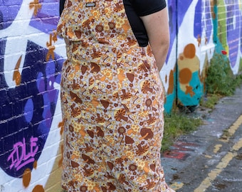 Magiskt svampmönster stretchigt, manchester, lång pinafore, klänning, spring och flyg