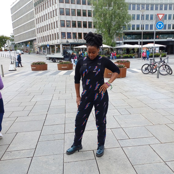 Black, Rainbow, Bolt Lighting, Dungaree, Overalls,  David Bowie, Casual Wear, Run and Fly, Only 4XL Available