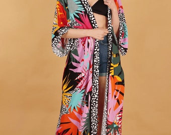 Kimono, Robe, Dressing Gown, Jungle Print, Viscose, Tie Belt