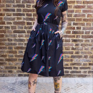 Inspired Retro, Run & Fly, Black, David Bowie, Bolt Lightening, Tea Dress, Ziggy Print, Womenswear