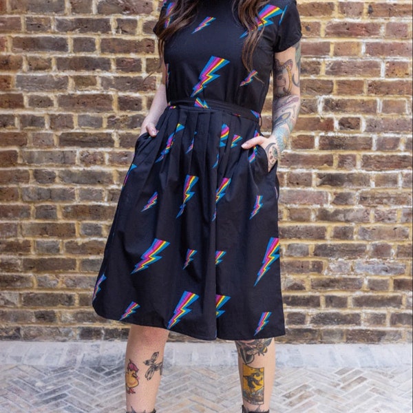 Inspired Retro, Run & Fly, Black, David Bowie, Bolt Lightening, Tea Dress, Ziggy Print, Womenswear