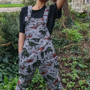 Run & Fly, Dungarees, Dinosaur Print, Grey, Unisex, Overalls, Festivals, Womenswear, Menswear