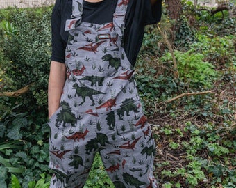 Run & Fly, Dungarees, Dinosaur Print, Grey, Unisex, Overalls, Festivals, Womenswear, Menswear