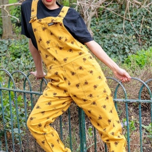 Run & Fly, Dungarees, Bees Print, Yellow, Unisex, Overalls, Festivals, Womenswear, Menswear