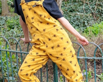 Run & Fly, Dungarees, Bees Print, Yellow, Unisex, Overalls, Festivals, Womenswear, Menswear