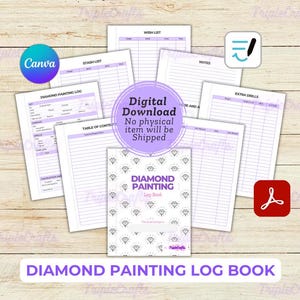 Op de afbeelding: Printbare diamant schilderen logboek met een paars en wit ontwerp. De omslag heeft een diamantpatroon en de tekst "Diamond Painting Log Book".