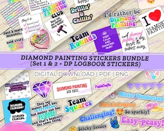 May include: A selection of diamond painting stickers featuring phrases such as "Diamond Painting Club" and "I'd rather be Diamond Painting." The stickers have various designs and are available as a digital download in PDF and PNG formats.