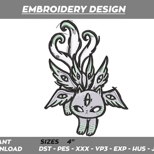 May include: An embroidery design featuring a stylized cat with multiple tails and wings. The cat is primarily gray with white and green accents. The design includes the text "EMBROIDERY DESIGN" and "SIZES 4"" at the top and bottom of the image.