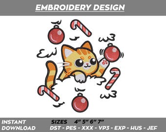 Christmas Cat Embroidery Design – Cute Cartoon Machine File (Instant Download)