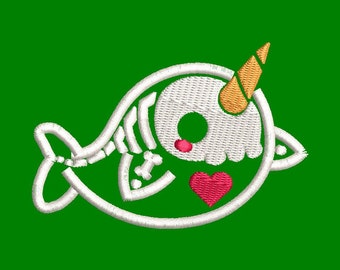 Skeleton Narwhal Embroidery Design, Cartoon Kawaii Style (Digital Download)