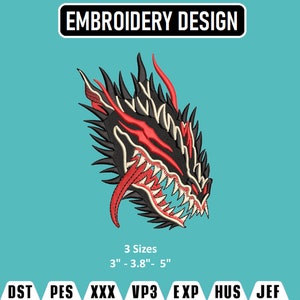 May include: Embroidery design of a black and red dragon head with sharp teeth and a long tongue. The design is available in three sizes: 3 inches, 3.8 inches, and 5 inches. The design is available in the following formats: DST, PES, XXX, VP3, EXP, HUS, and JEF.