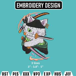 3 motifs de broderie chat épée, motifs de broderie inspirés de l&#39;anime, fichier de motifs de broderie Machine, Pes, Dst, Jef, Vp3, Hus téléchargement immédiat