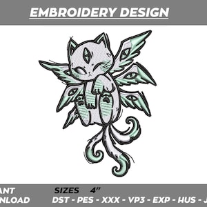 May include: An embroidery design featuring a stylized cat with multiple eyes and wings. The cat is light gray with black and green accents. The design is 4 inches in size and available for instant download.