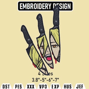 May include: Embroidery design of a woman's face with knives sticking through it. The design is available in four sizes: 3.8 inches, 5 inches, 6 inches, and 7 inches. The design can be downloaded in the following formats: DST, PES, XXX, VP3, EXP, HUS, and JEF.