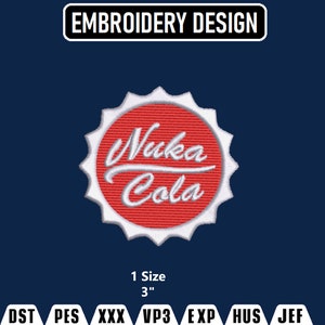 Peut inclure: Broderie rouge et blanche d'un bouchon de bouteille avec le texte "Nuka Cola" en blanc. Le motif mesure 7,6 cm et est disponible aux formats DST, PES, XXX, VP3, EXP, HUS et JEF.