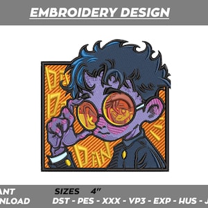 Peut inclure: Écusson brodé représentant un personnage de dessin animé stylisé avec une peau violette, des cheveux bleus et des lunettes teintées orange. Le motif est sur fond orange avec des lignes diagonales. Le patch mesure 10,16 cm.