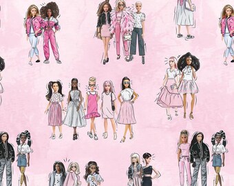 May include: A pink and white patterned fabric featuring a repeating design of stylised illustrations of women in various outfits and poses. The women are all wearing different clothing, including dresses, skirts, trousers, and jackets. The fabric is perfect for crafting projects, such as clothing, accessories, and home decor.