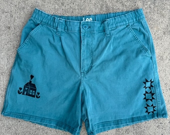 Thrifted + Handgedruckte Petrol Lee Quilt Block Cottage Shorts
