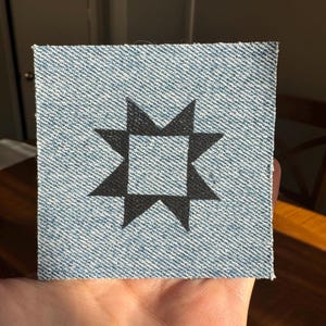 Quilt Square/Sawtooth Star Denim Iron-On Handprinted Patch/Applique