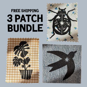 May include: A bundle of three fabric patches featuring black screen-printed designs. One patch shows a beetle on white fabric with blue flowers, one shows a potted monstera plant on tan gingham, and one shows a bird on blue denim fabric.