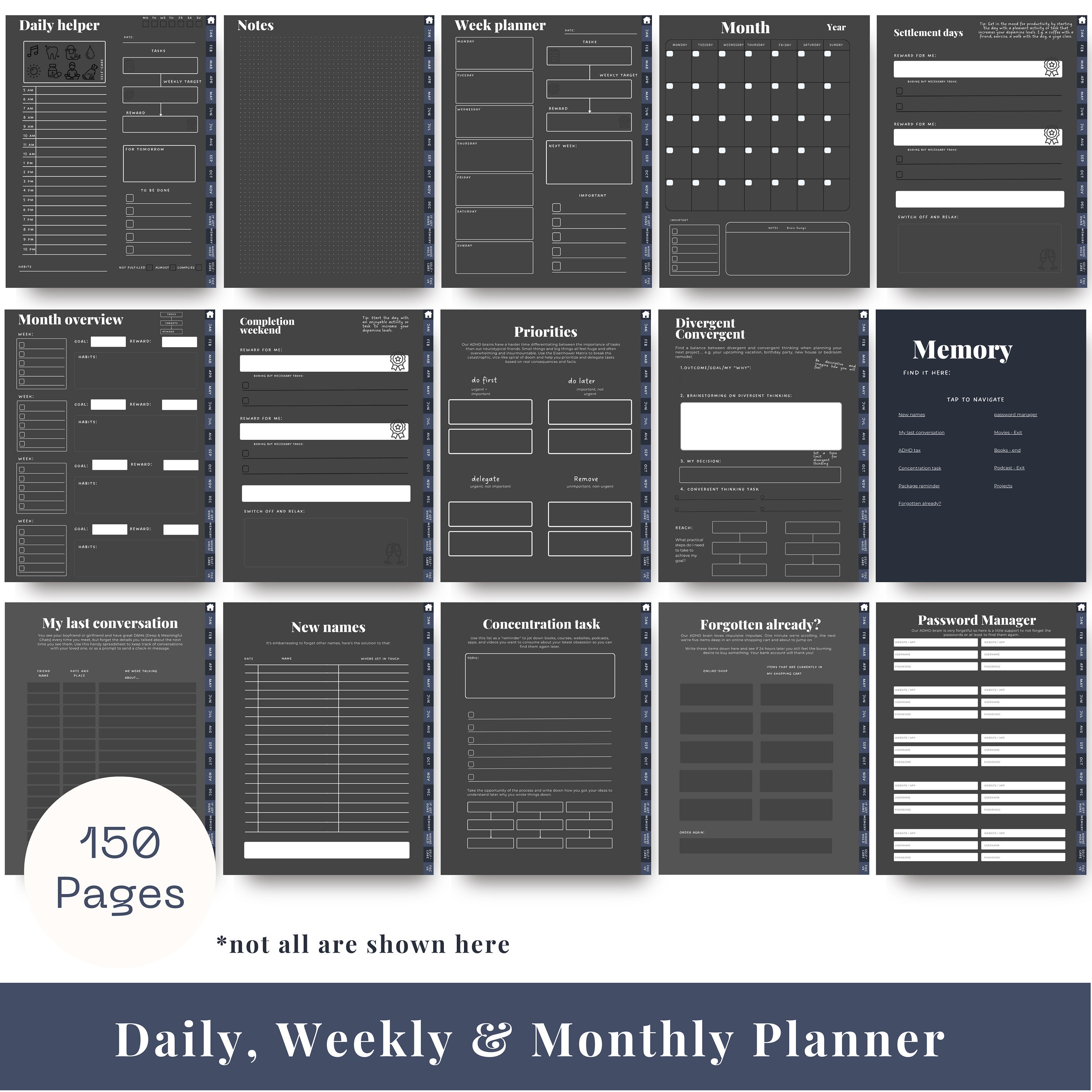 Dark ADHD Digital Planner for Ipad, Goodnotes + Android. Adult ADD ...