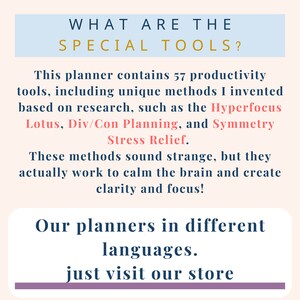 May include: Text on a light pink background reads "WHAT ARE THE SPECIAL TOOLS?" and describes a planner with 57 productivity tools, including Hyperfocus Lotus and Div/Con Planning. The text also mentions planners in different languages.