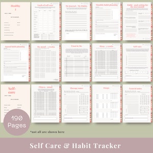 May include: A self-care and habit tracker with 190 pages. The journal features pages for goal setting, mood tracking, therapy notes, and more. The pages have a light beige background with pink accents and headings.