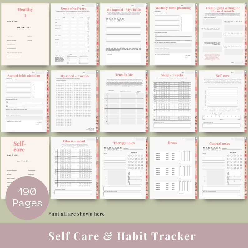 May include: A self-care and habit tracker with 190 pages. The journal features pages for goal setting, mood tracking, therapy notes, and more. The pages have a light beige background with pink accents and headings.