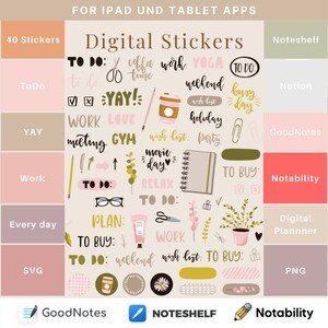 May include: Digital sticker set for iPad and tablet apps. Includes various hand-drawn elements like coffee cups, to-do lists, and floral accents. The color palette features soft pinks, greens, and beige tones, with text labels such as "Work," "Yay," and "To Do."