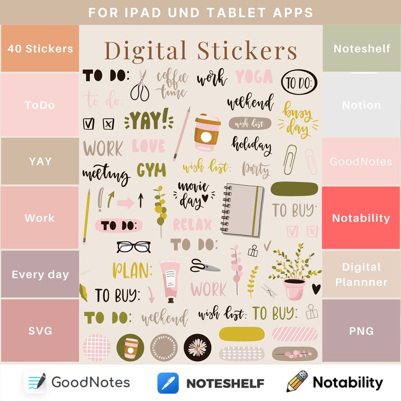 May include: Digital sticker set for iPad and tablet apps. Includes various hand-drawn elements like coffee cups, to-do lists, and floral accents. The color palette features soft pinks, greens, and beige tones, with text labels such as "Work," "Yay," and "To Do."