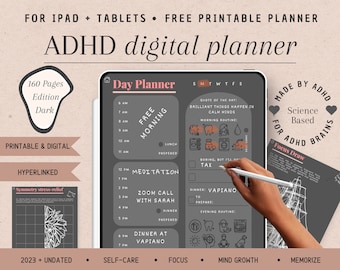ADHD digital planner - dark edition printable day planner with block scheduled and focus templates for adults