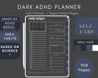 Dark ADHD Digital Planner for iPad, Goodnotes + Android. Adult ADD daily planner, self care & habit tracker. Science based