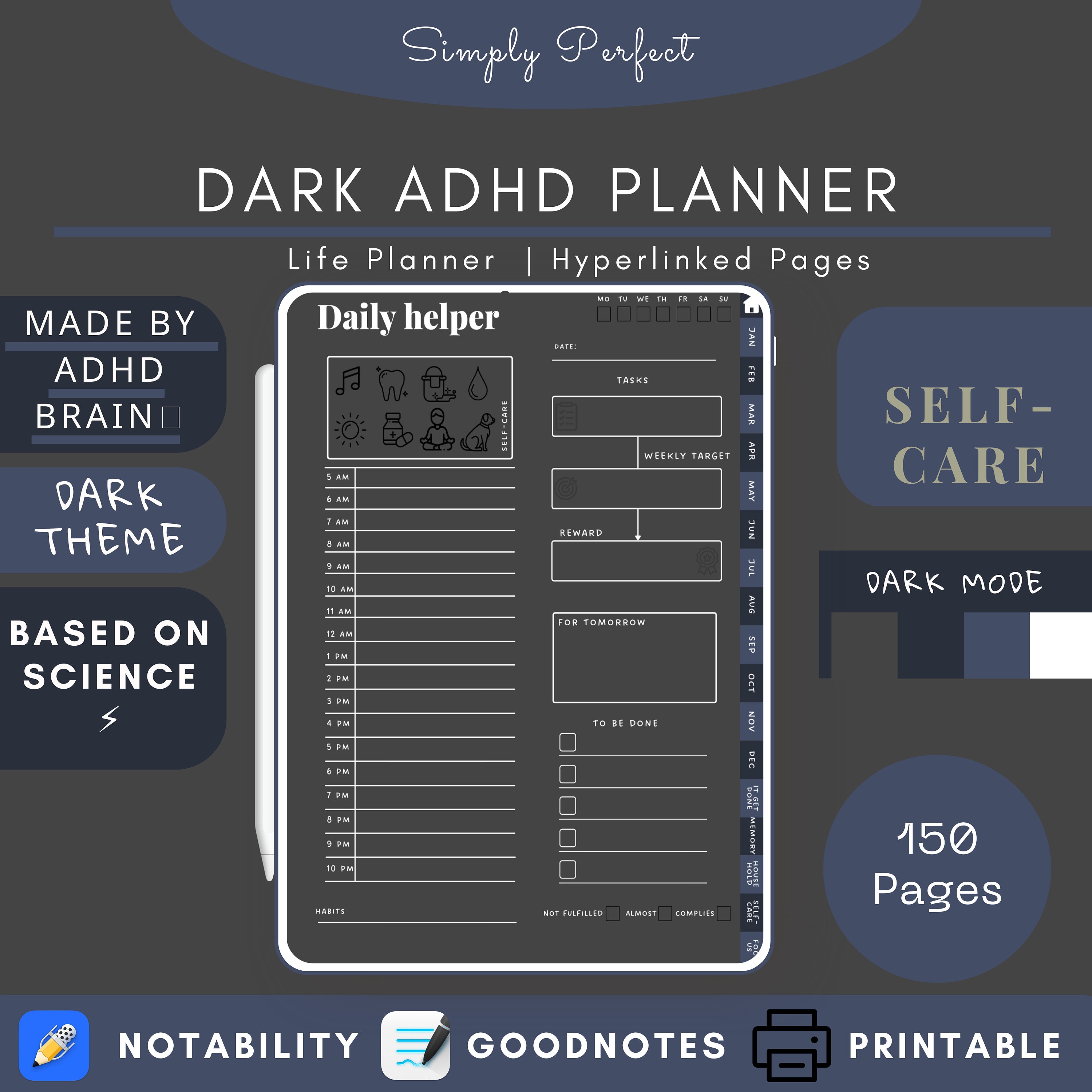 Dark ADHD Digital Planner for Ipad, Goodnotes + Android. Adult ADD ...