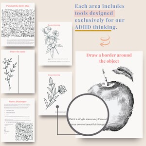 May include: A collection of art prints with text and illustrations. The prints include the phrases "Paint all the birds blue", "Draw the same", and "Stress Destroyer". Other prints feature floral drawings and an apple illustration. The text reads "Each area includes tools designed exclusively for our ADHD thinking."