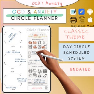 以下が含まれることがあります： 「OCD & ANXIETY CIRCLE PLANNER」と書かれたデジタルプランナー。クラシックなテーマ、デイサークルスケジュールシステムを採用し、日付なし。プランナーには、時間枠とさまざまなアクティビティのアイコンが表示された毎日のスケジュールが含まれています。