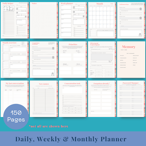May include: A daily, weekly, and monthly planner with 150 pages. The planner includes sections for daily helpers, notes, week planners, monthly overviews, priorities, and more. The pages have a white background with pink and red accents.