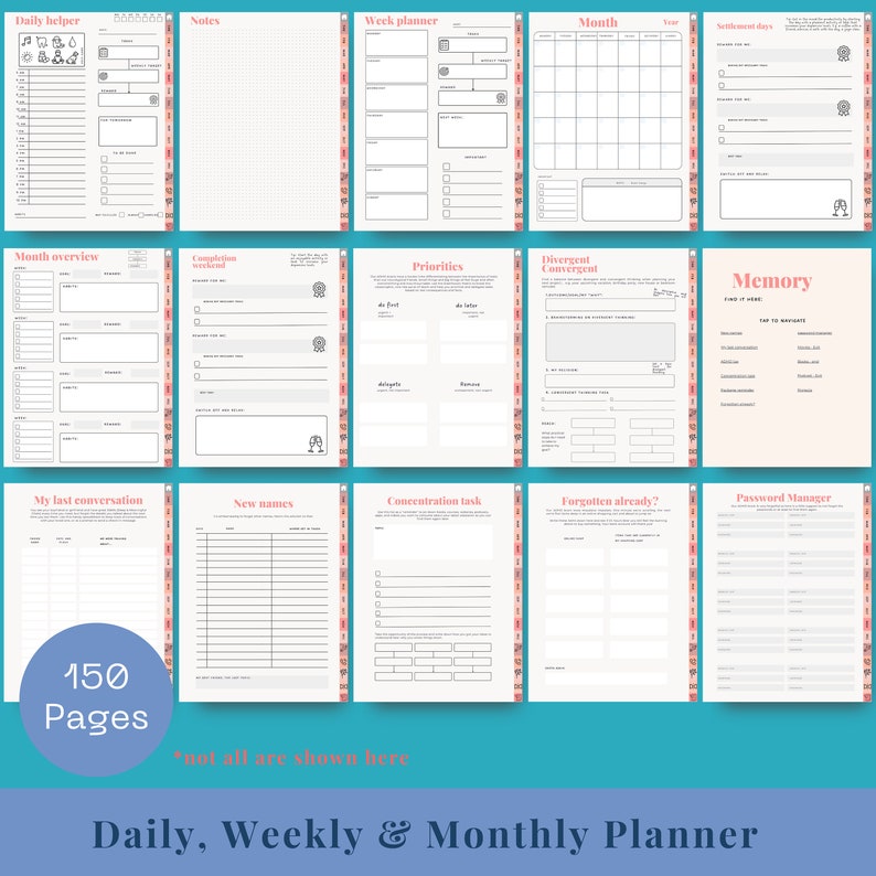 May include: A daily, weekly, and monthly planner with 150 pages. The planner includes sections for daily helpers, notes, week planners, monthly overviews, priorities, and more. The pages have a white background with pink and red accents.