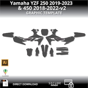May include: A graphic template for Yamaha YZF 250 2019-2023 and 450 2018-2022-v2 motorcycles. The template is in black and white and shows the different parts of the motorcycle that can be customised.