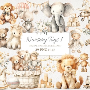 Kinderzimmer Spielzeug Neugeborene Aquarell Clipart PNG Bundle. Baby Kinder Art. KI Illustration. Sofort Download für kommerzielle Nutzung. 29er PACKUNG