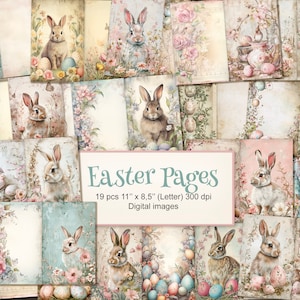 Ostern Junk Journal Druckbare Seiten. Letter Größe. Häschen-Kaninchen-Vögel-Frühlings-Papier.  Sofort Download. 19er PACKUNG