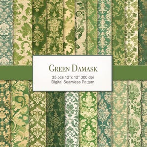 Può includere: Una collezione di motivi damascati verdi con disegni floreali e a volute. I motivi variano in tonalità di verde e beige, con un aspetto invecchiato e vintage. L'immagine include il testo "Green Damask" e dimensioni di 30,48 cm x 30,48 cm.