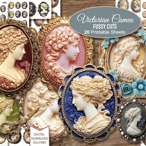 Puede incluir: Una colección de diseños de camafeos victorianos en varios colores y marcos. La imagen incluye camafeos ovalados con perfiles detallados, engastados en marcos dorados, azules y rosas ornamentados. El texto "Victorian Cameo Fussy Cuts" es visible.