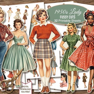 1950s Lady Woman Retro Vintage  Paper Dolls Fussy Cuts. Junk Journal Ephemera Planner.  Digital Download. 32 JPG Printable Sheets