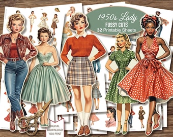 1950s Lady Woman Retro Paper Dolls Fussy Cuts. Junk Journal Ephemera. Digital Download. 32 JPG Printable Sheets