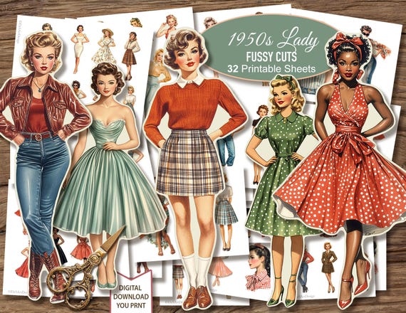 1950s Lady Woman Retro Paper Dolls Fussy Cuts. Junk Journal Ephemera. Digital Download. 32 JPG Printable Sheets