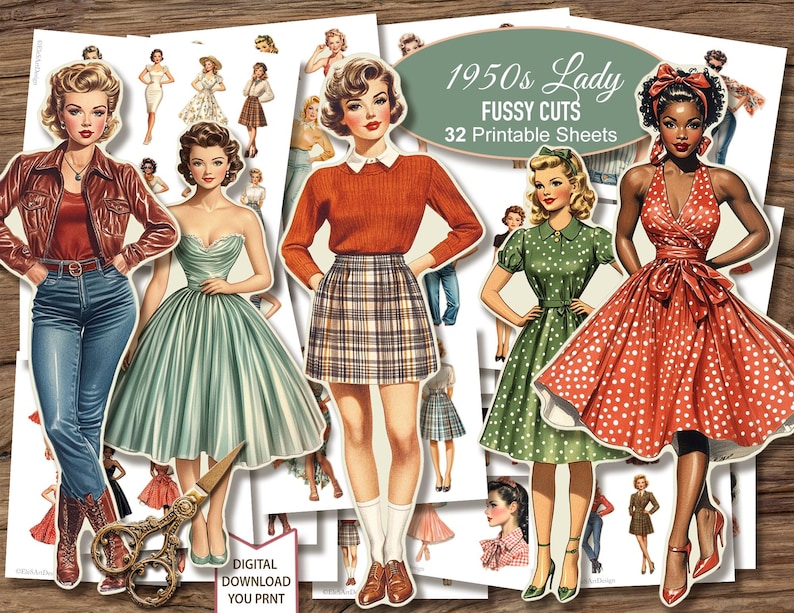 May include: A set of 32 printable sheets of 1950s lady fussy cuts. The image shows a variety of women in different outfits and poses. The text "1950s Lady Fussy Cuts 32 Printable Sheets" is at the top of the image.